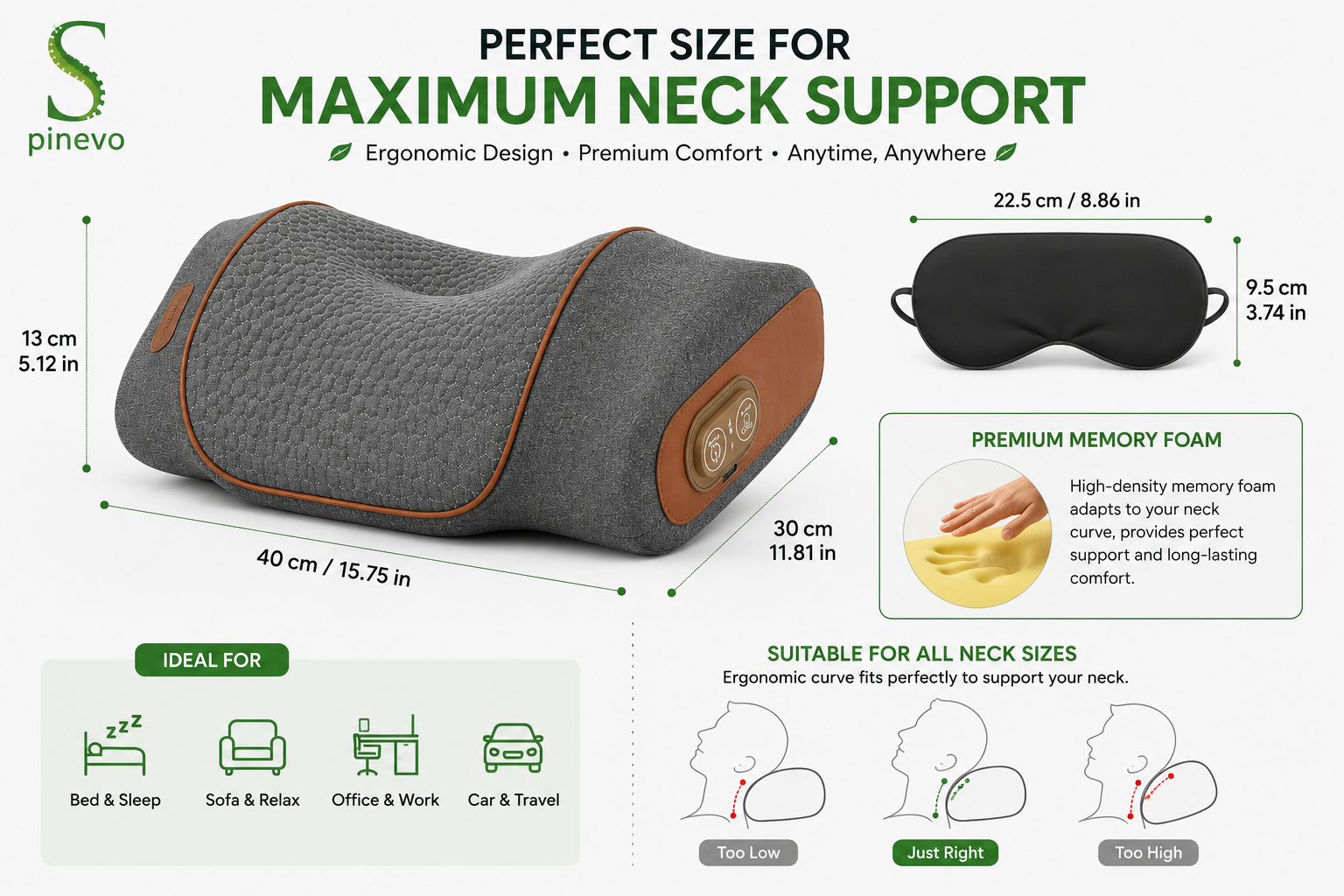 Spinevo Smart Neck Relief Massager dimensions and premium memory foam design