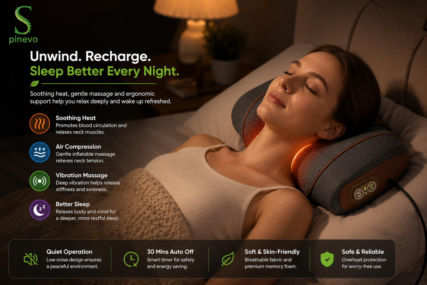 Woman using the Spinevo heated neck massage pillow with eye mask