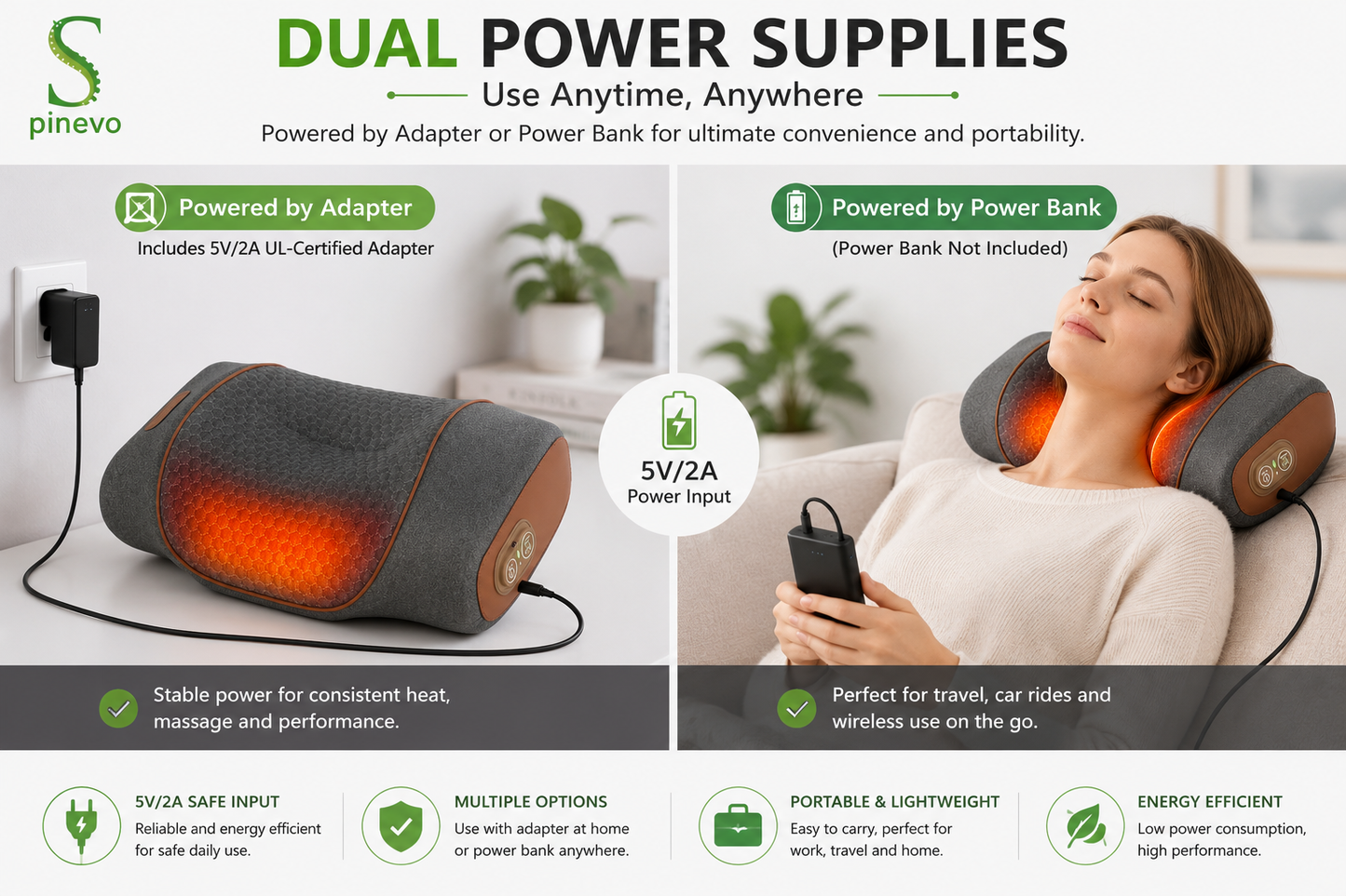 Spinevo neck massager powered by USB adapter or power bank