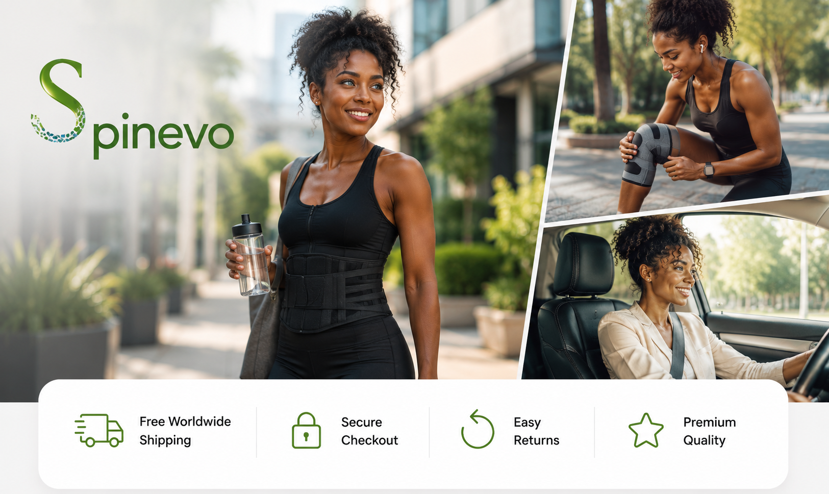 Woman using Spinevo back and knee support products for exercise and driving