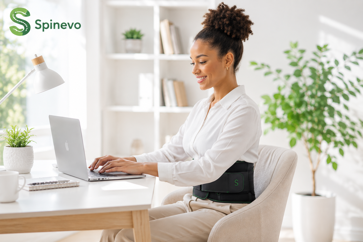 Woman working on a laptop while wearing a Spinevo lumbar support belt