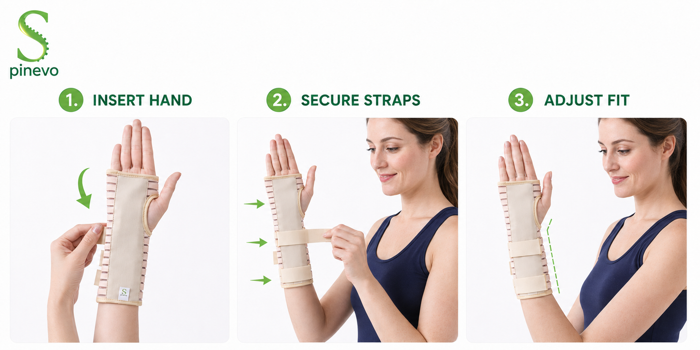 Three steps showing how to correctly put on and adjust the Spinevo wrist brace