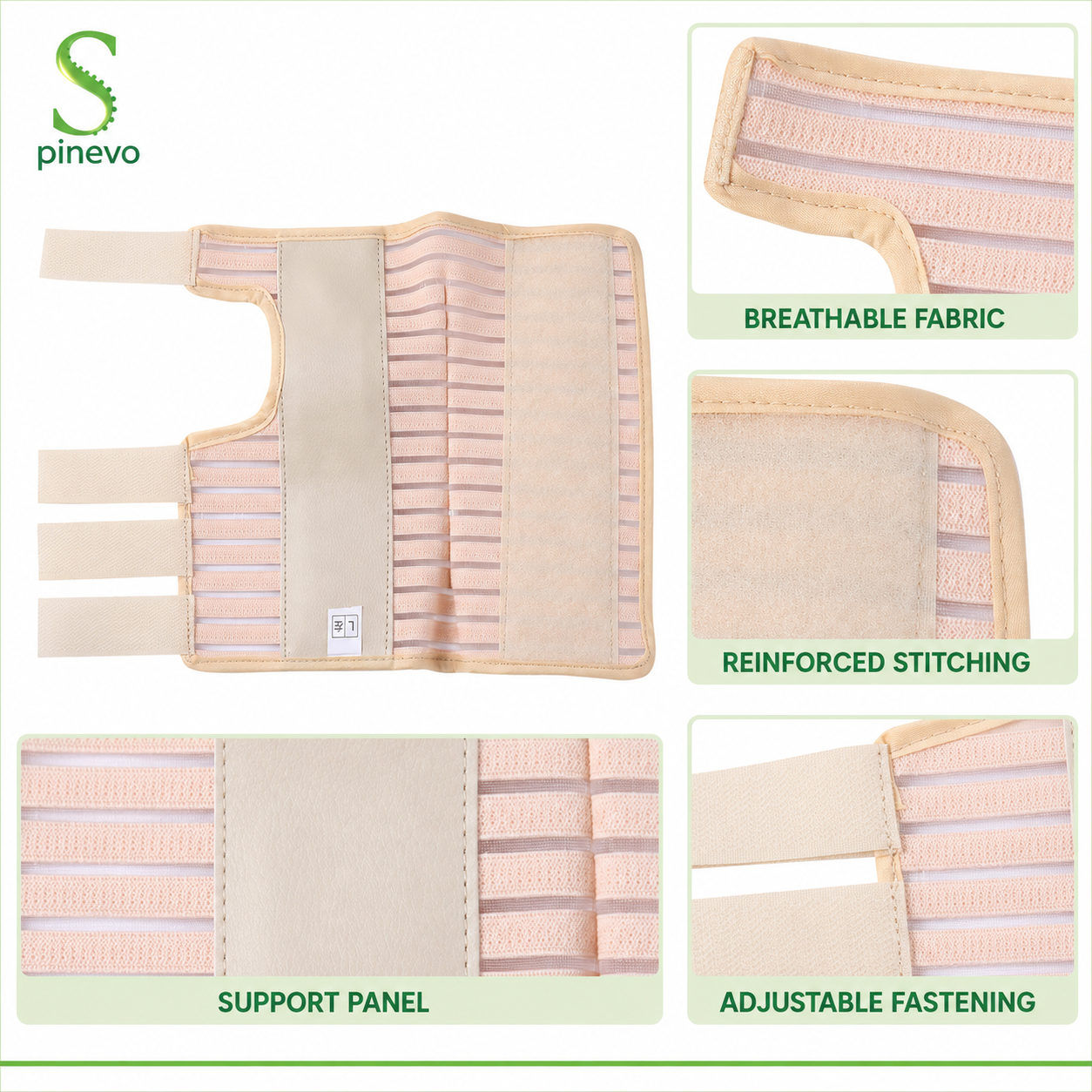 Close-up of the Spinevo wrist brace fabric, stitching, fastening straps and support panel