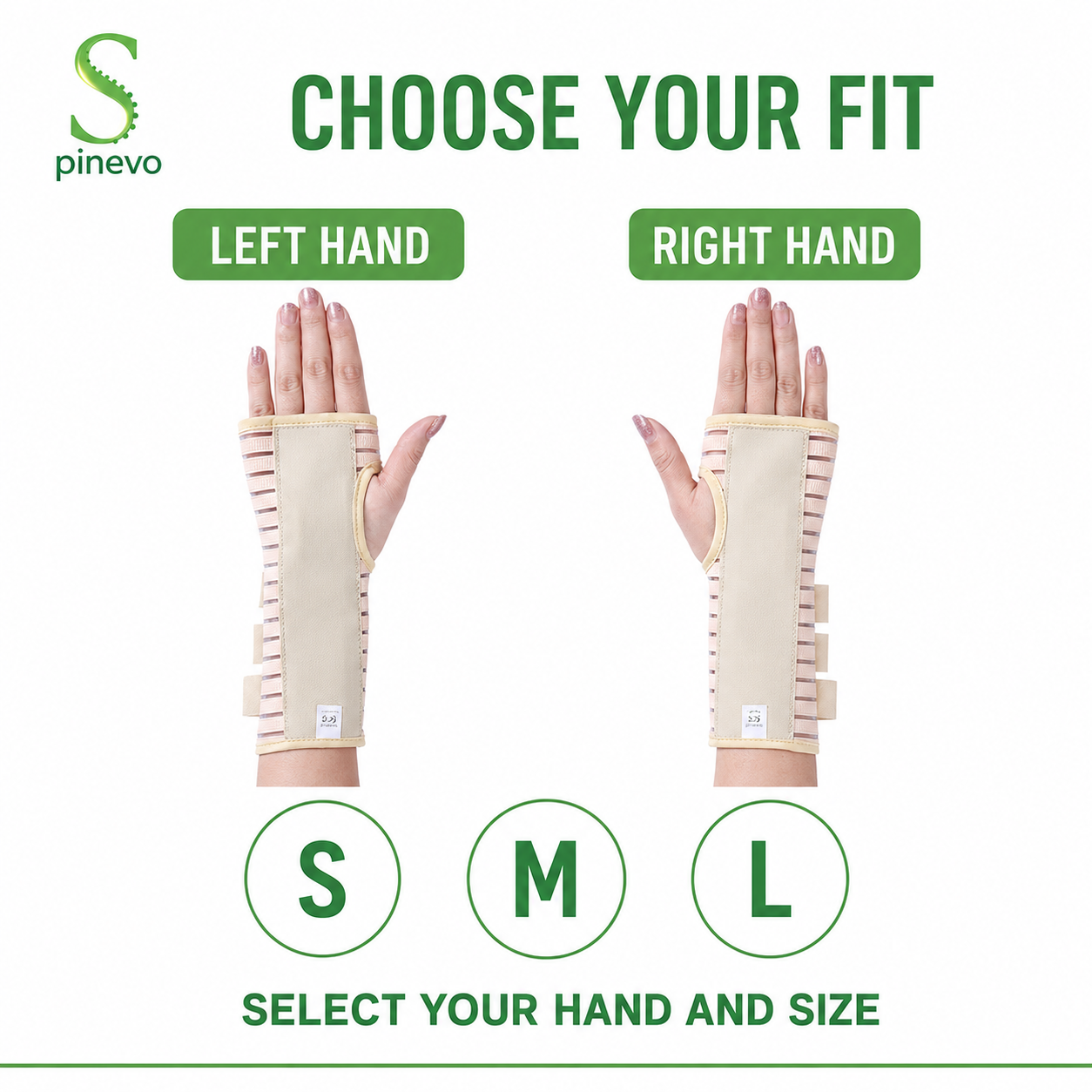 Spinevo wrist support brace options for left and right hands in sizes S, M and L