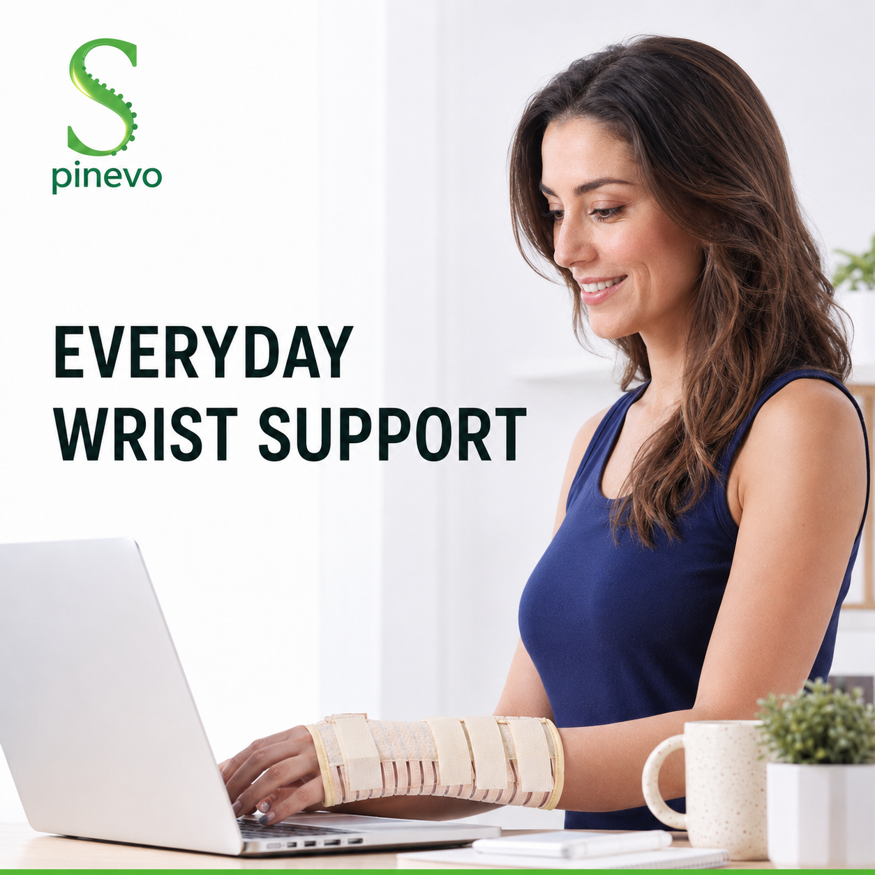 Woman wearing the Spinevo wrist support brace while working on a laptop