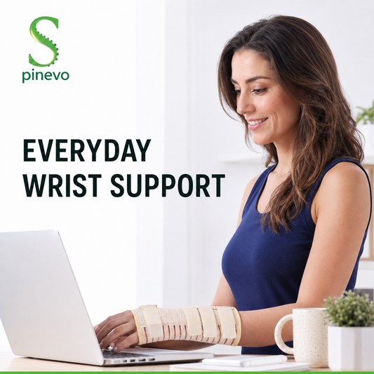 Woman wearing the Spinevo wrist support brace while working on a laptop