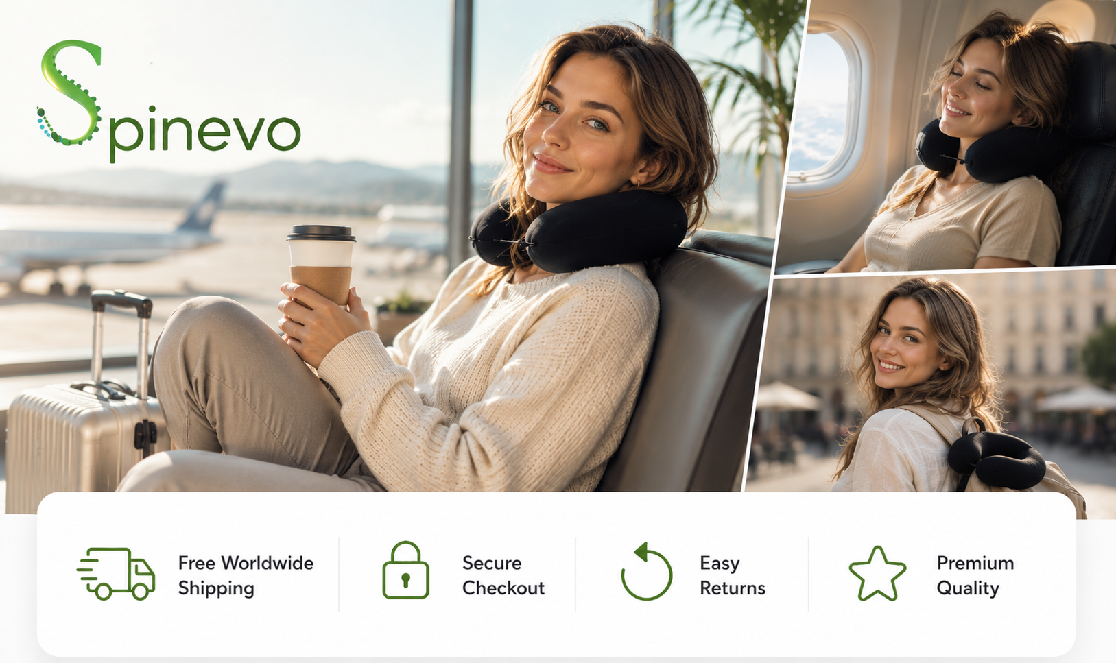 Woman using a Spinevo travel neck pillow at the airport and during a flight