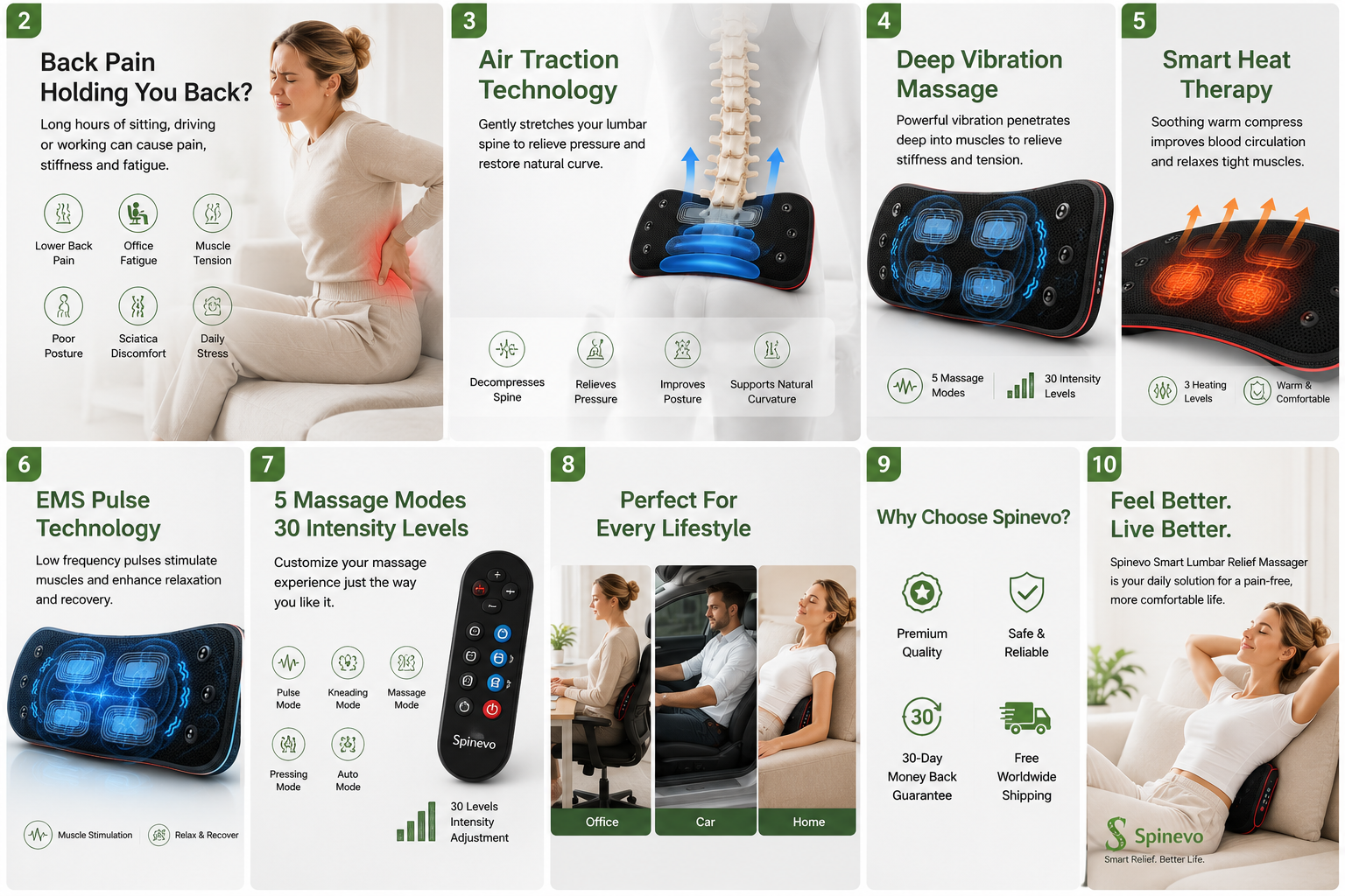 Features of Spinevo lumbar relief massager with ergonomic support
