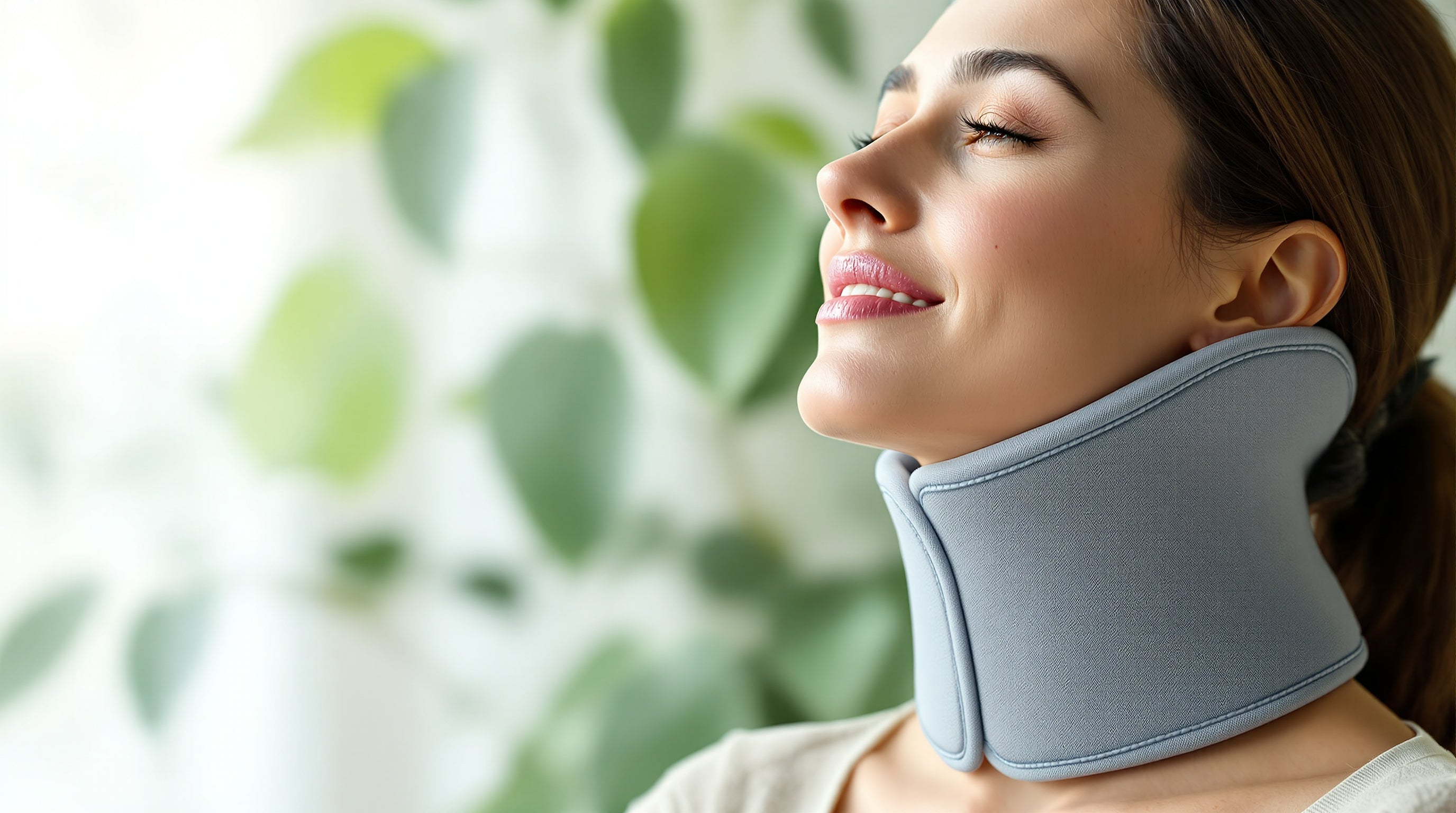 Woman wearing a neck pillow with a blurred green plant background