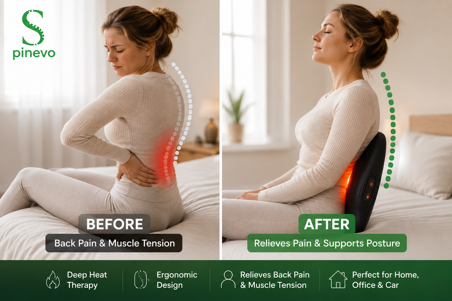 Memory foam lumbar support cushion with heat and massage