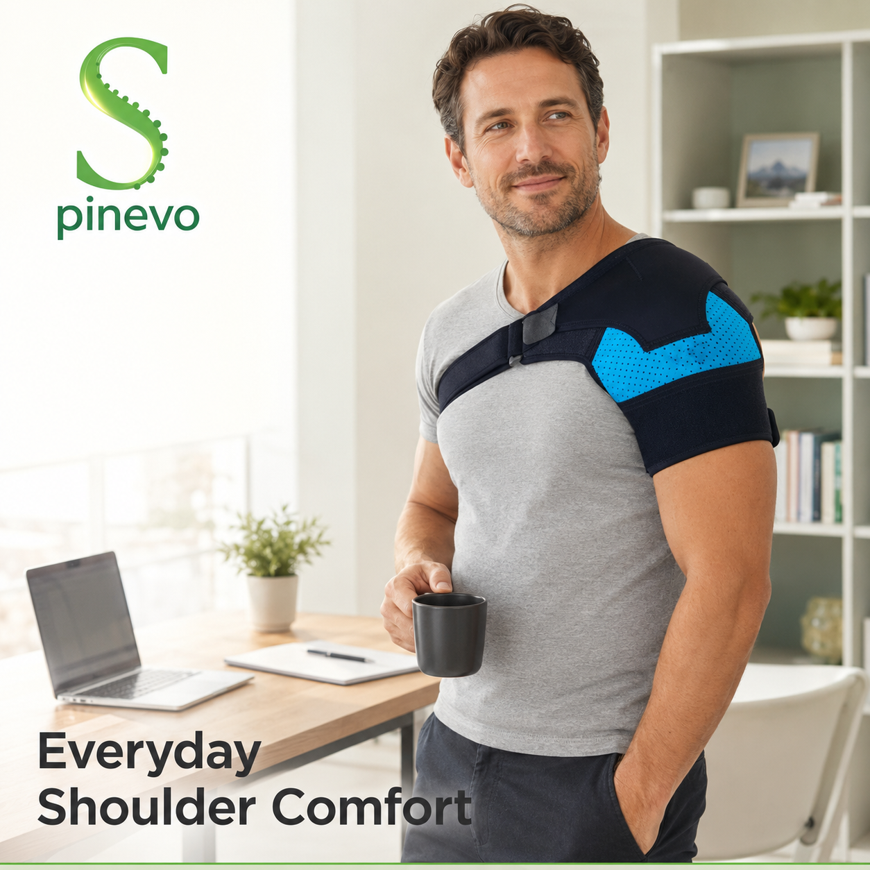 Man wearing the Spinevo IceFlex shoulder support brace in a modern home office
