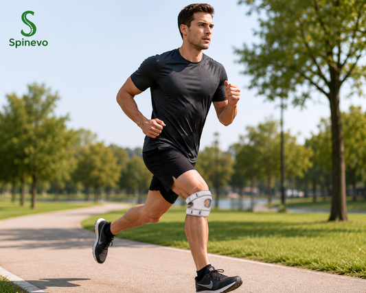 Athletic man running outdoors while wearing the Spinevo patella knee support strap