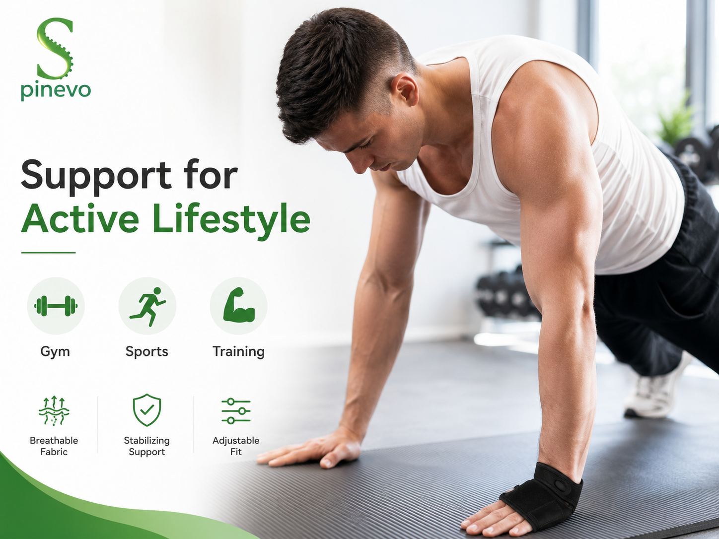 Man Training at the Gym Wearing the Spinevo™ Wrist Support Brace