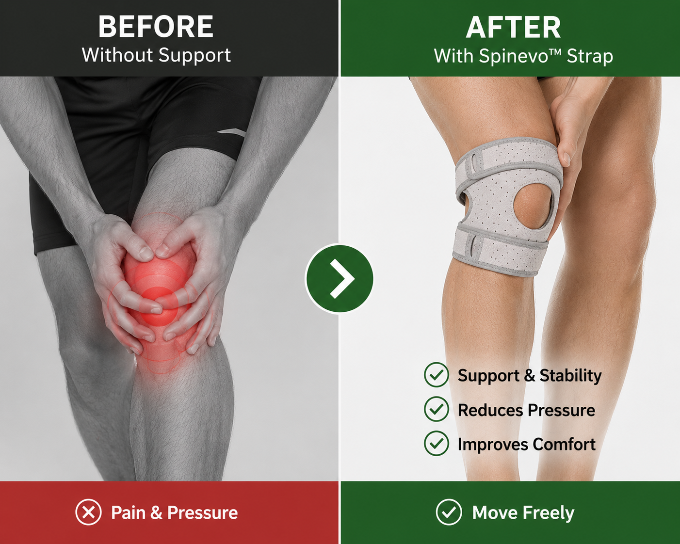 Before and after comparison showing knee discomfort without support and improved comfort with the Spinevo knee strap