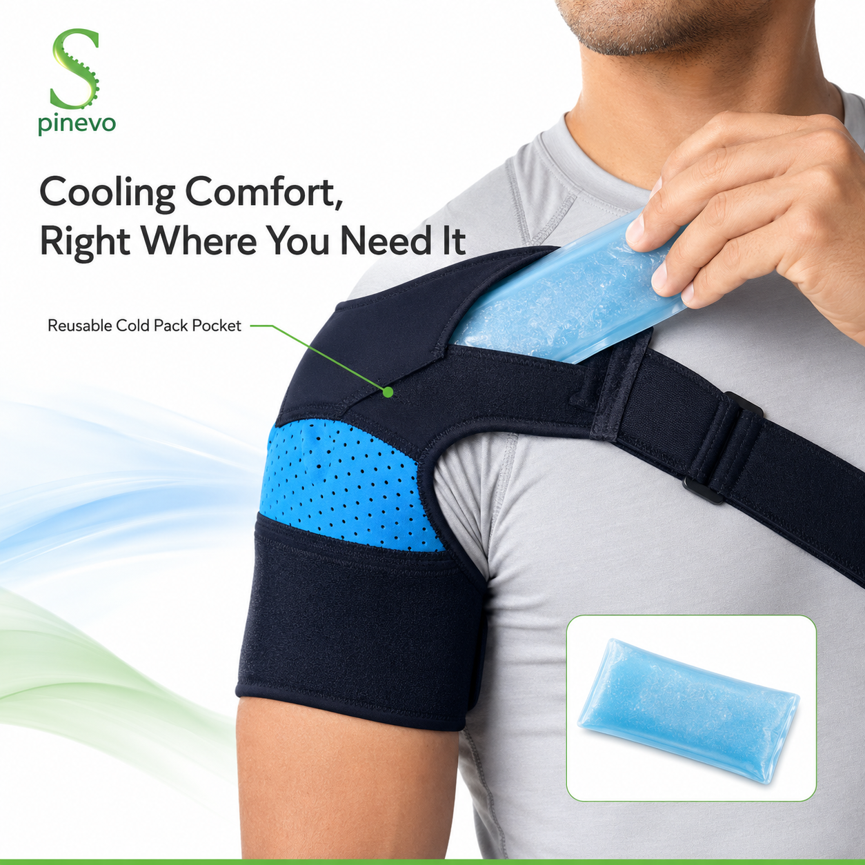 Reusable cold pack being inserted into the Spinevo IceFlex shoulder brace pocket