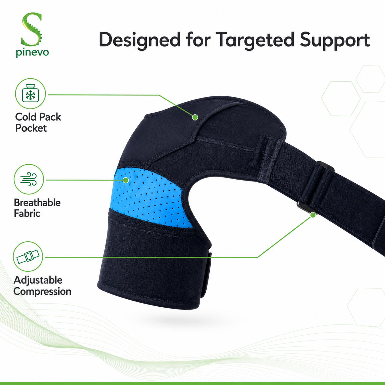 Spinevo IceFlex shoulder brace with adjustable compression, breathable fabric and cold pack pocket