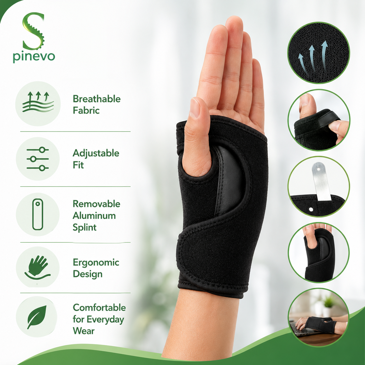 Spinevo™ Wrist Support Brace Features Including Breathable Fabric and Removable Aluminum Splint