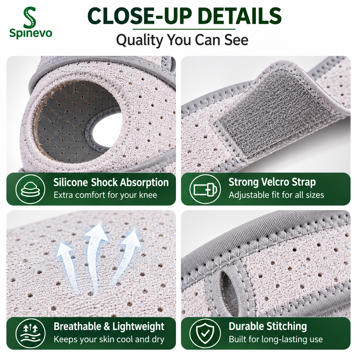 Close-up views of the Spinevo knee strap silicone cushion, Velcro fastening, breathable fabric and durable stitching