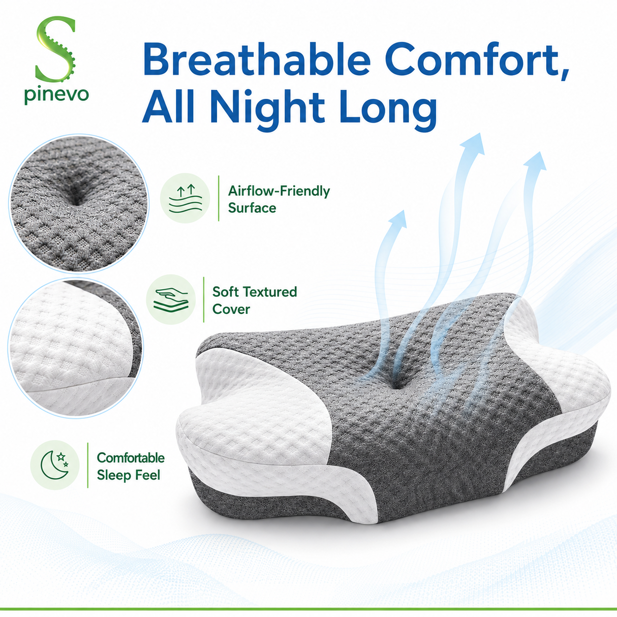 Breathable textured fabric cover of the Spinevo ErgoCloud neck pillow