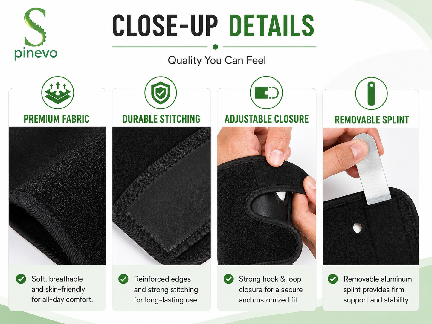Close-up of Premium Fabric, Durable Stitching and Adjustable Closure on the Spinevo™ Wrist Support Brace