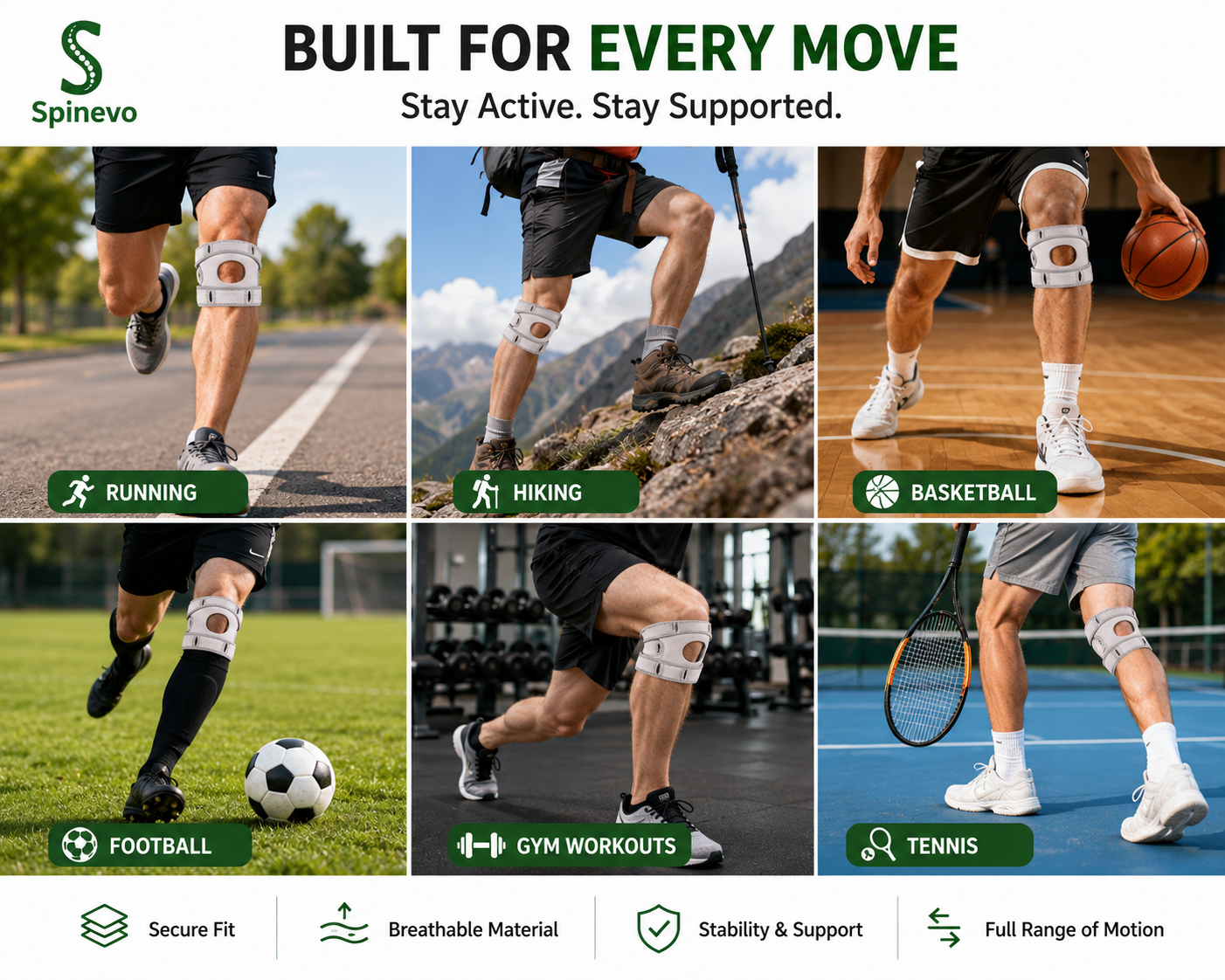 Spinevo knee support strap used for running, hiking, basketball, football, gym workouts and tennis