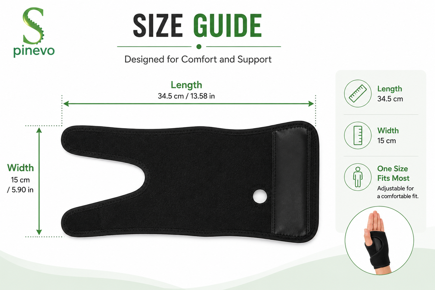 Spinevo™ Wrist Support Brace Dimensions and One Size Fits Most Guide