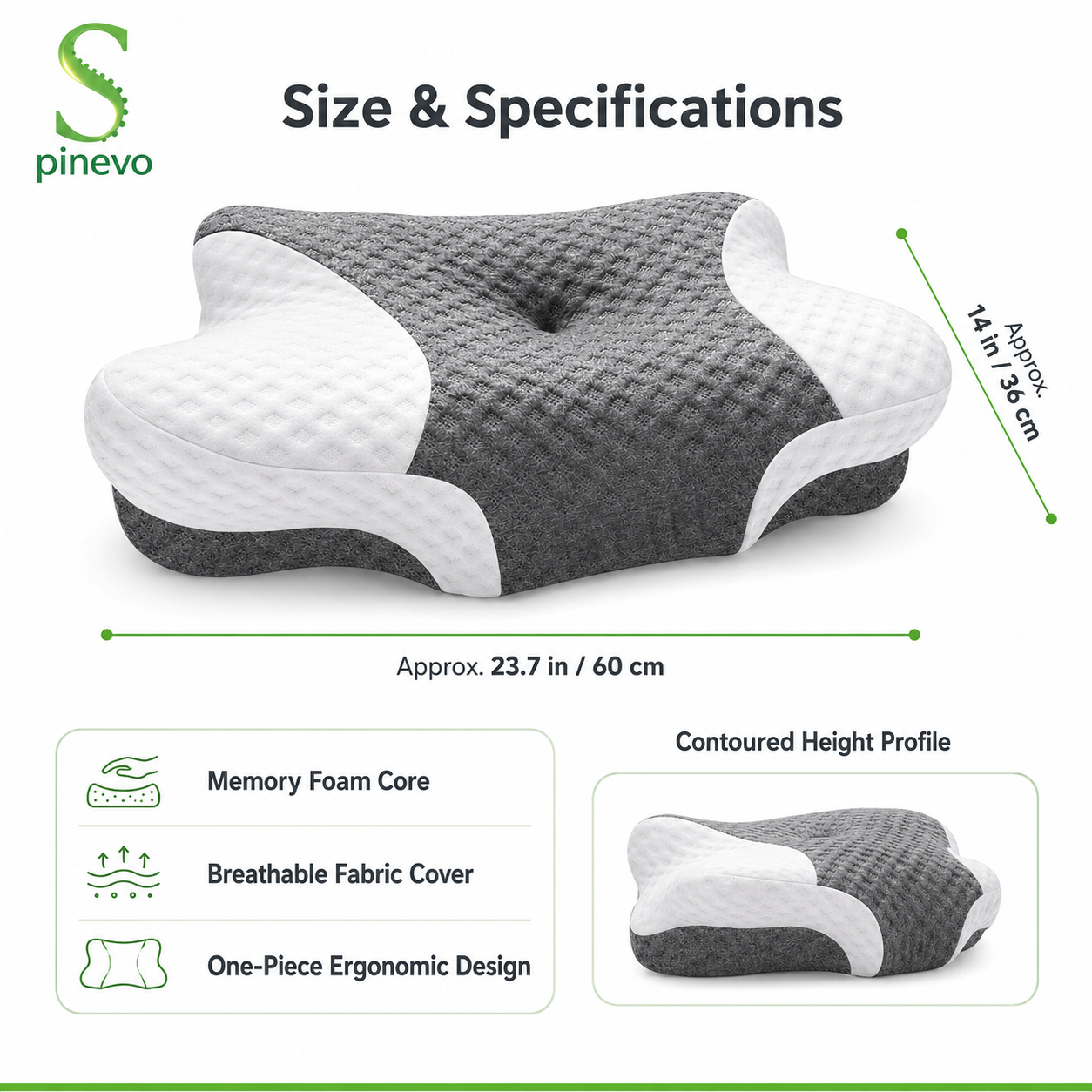 Spinevo ErgoCloud pillow dimensions, memory foam core and breathable fabric cover