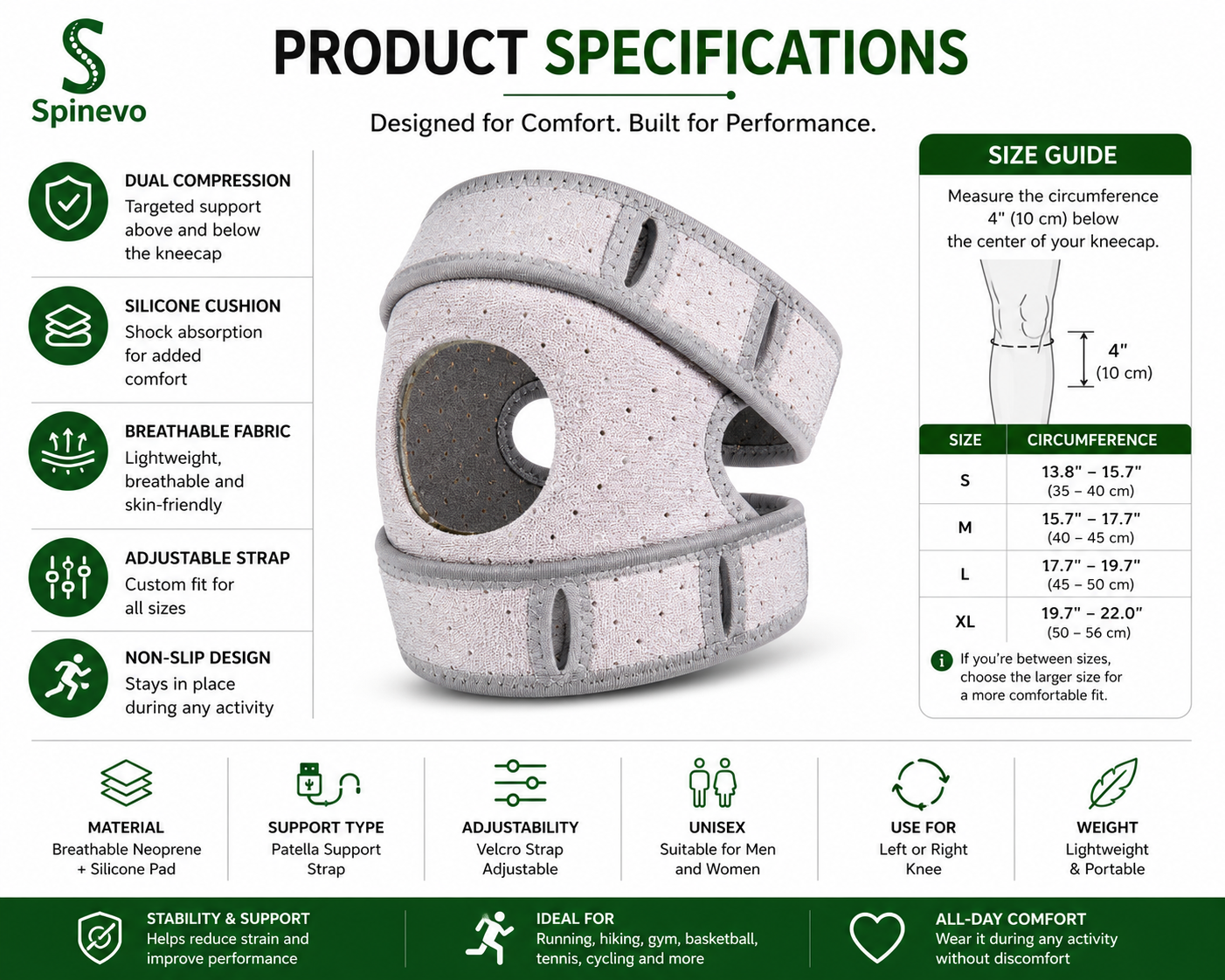 Spinevo patella knee strap product specifications with adjustable fit, breathable material and size guide